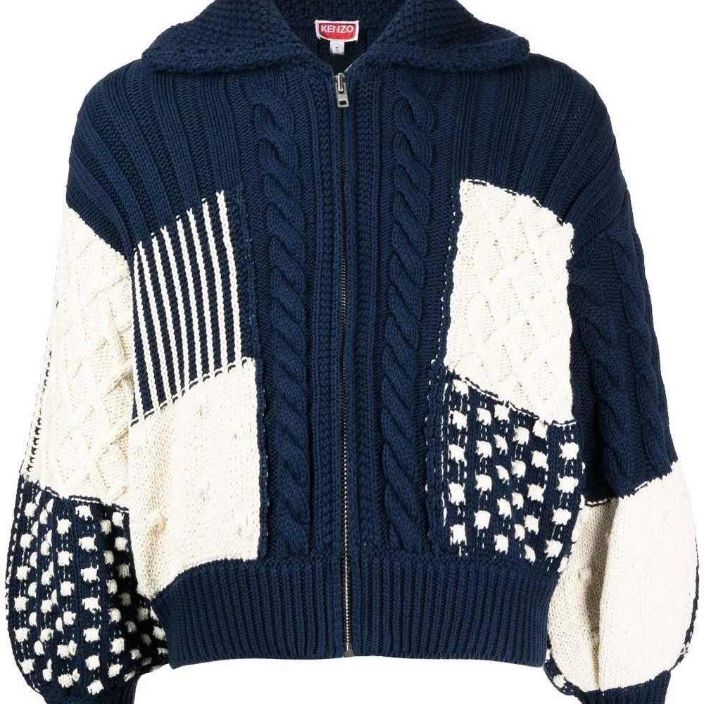 Kenzo Navy and White Patchwork Knit Hoodie